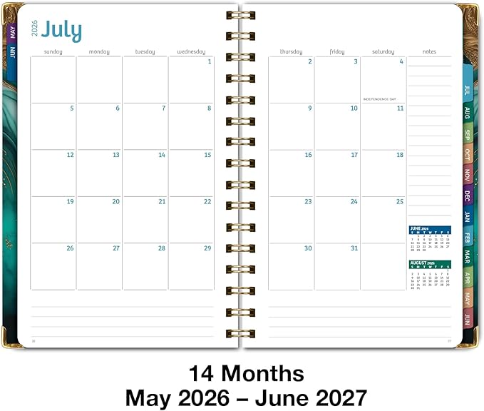HARDCOVER Academic Year 2026-2027 Planner: 14 Months (May 2026 Through June 2027) 5.5"x 8" Daily Weekly Monthly Planner Yearly Agenda. Bookmark, Pocket Folder and Sticky Note Set (Teal Gold Marble)