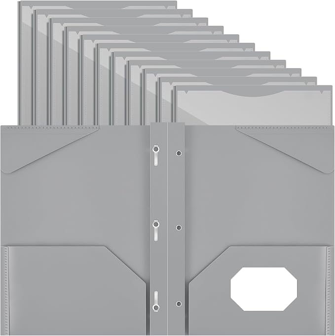 Henoyso 18 Pcs Plastic Folder with Clear Front Pocket and 3 Prong Plastic Folders with Card Slot Pocket Folders with Prongs for School Office (Gray)