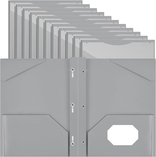Henoyso 18 Pcs Plastic Folder with Clear Front Pocket and 3 Prong Plastic Folders with Card Slot Pocket Folders with Prongs for School Office (Gray)