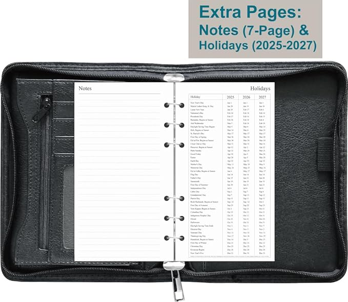 Fan&Ran 2026-2027 Zipped Planner Organizer, Weekly and Monthly Refills with Simulated Leather Cover, Personal Size, Black