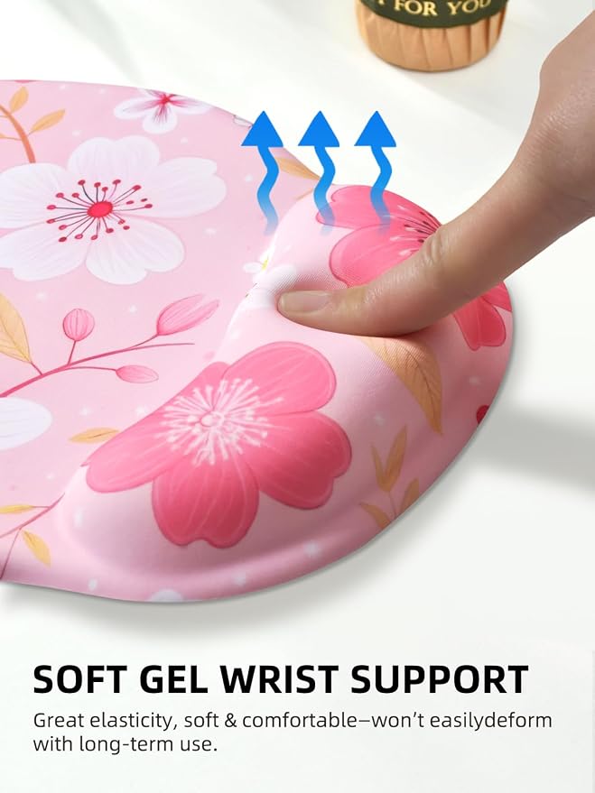 Lily Floral Mouse Pad Wrist Support Wrist Rest, Flower Ergonomic Mouse Pad with Non-Slip Base for Office Gaming Working Computers,Desk Accessories Pain Relief Mouse Mat, Pink Cherry Blossom