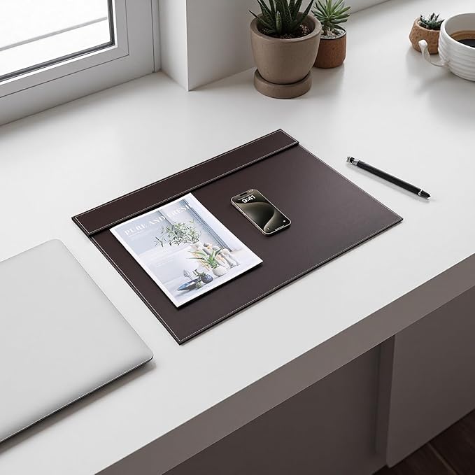 KINGFOM Ultra-Smooth PU Leather Desk Pad & Mat Office Desk Drawing & Writing Board A3/ A4 File Paper Clip Table Protector Mat on Top Large 24''x18'' (Brown)