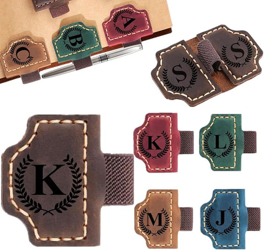 Custom Bookmark with Pen Holder with 26 Letters Personalized Magnetic Leather Book Mark, Customized Name Book Marker Clip with Initial for Men Women, Gifts for Book Lovers, Readers, (Coffee, K)