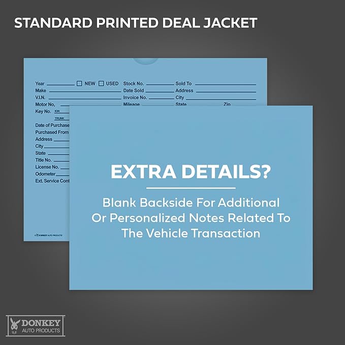 Printed Vehicle Deal Envelopes 9x12 Deal Jackets (100 shrink wrapped) (Blue)