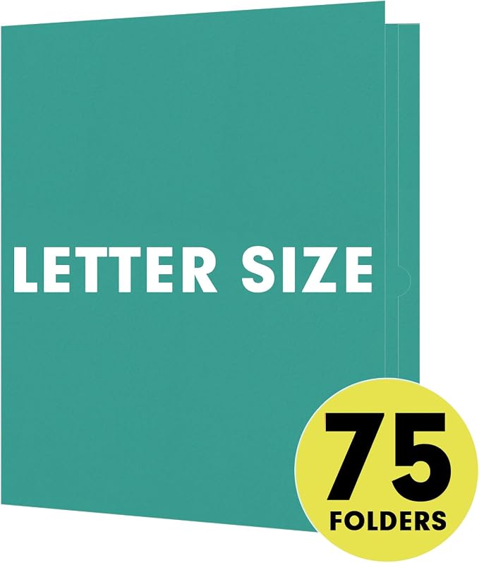 Two Pocket Folders, RAZCC 75 Pack 2 Pocket Folders Fit Letter Size Paper, Paper Folders with Pockets for School Office Business Home (Turquoise)