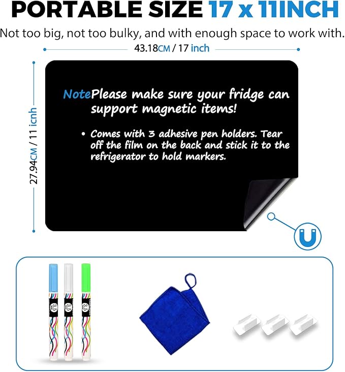 CUHIOY Magnetic Black Dry Erase Board for Fridge 17x11'', Small Whiteboard Kitchen Refrigerator Magnet Black White Board for Grocery List and to Do List，3 Liquid Chalkboard Marker Pens and 1 Eraser