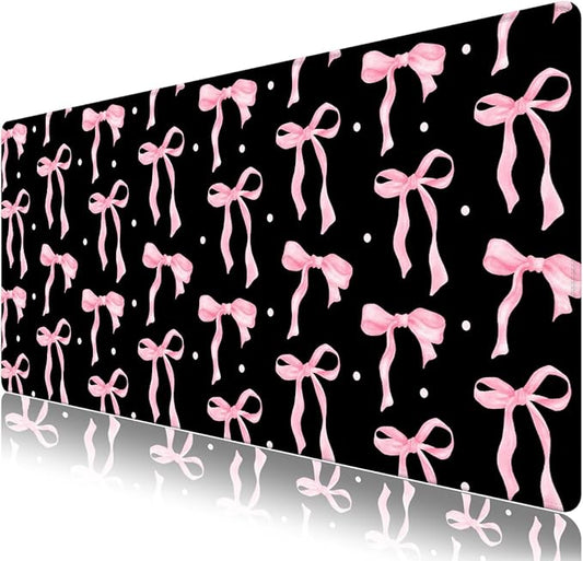 Desk Pad for Keyboard and Mouse, Large Mouse Pad for Desk, Non-Slip Keyboard Mat, Computer Mats for Desk, Cute Desk Pad with Stitched Edges for Office, Gaming I Black Pink Bow