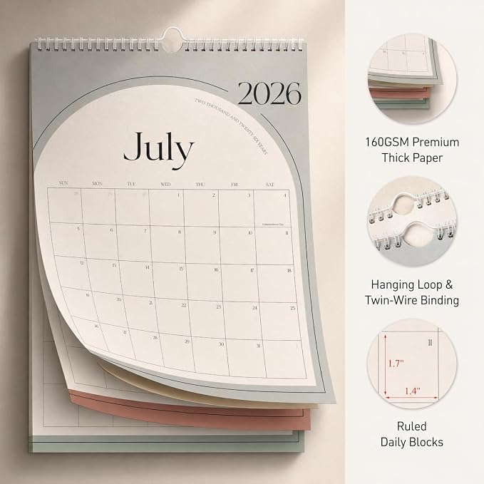 Aesthetic Wall Calendar 2026, 18 Monthly Vertical Calendar July 2026 to December 2027, 15" x 10" Modern Wall Hanging Calendar for School, Home, Office for Monthly Organizing & Planning (Green Vertical )