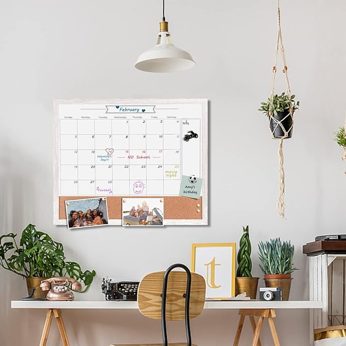 Dry Erase Calendar Whiteboard for Wall, Combination Magnetic Dry Erase White Board & Bulletin Board, 23.6" x 31.5" Wood Framed Calendar/Cork Combo Board(WH-6080)