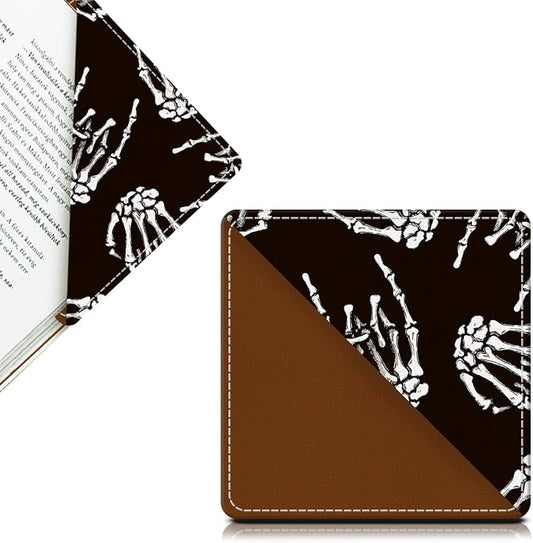 Cute Leather Bookmarks, Fun Triangle Making Corner Bookmark, Book Accessories for Reading Book Lovers, Unbreakable Page Markers for Women Men Cool Rock Skull Hand