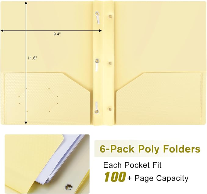 6-Pack Plastic andPockets and Prongs,2-Pocket and3 Fasteners, Holds 8-1/2" x 11" Paper for School/Office/Home, Pastel Color