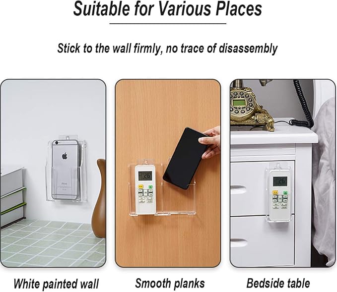 Acrylic Cell Phone Storage Holder Wall Mount TV Remote Control Media Storage Box Organizer White Back 3 Slots