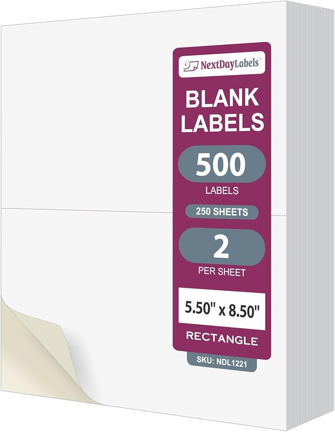 NextDayLabels 8.5x5.5 Half Sheet Stickers White Blank Labels for Laser Inkjet Printer - 2 Per Page Self-Adhesive Shipping Packaging Product Made in USA - 500 Labels