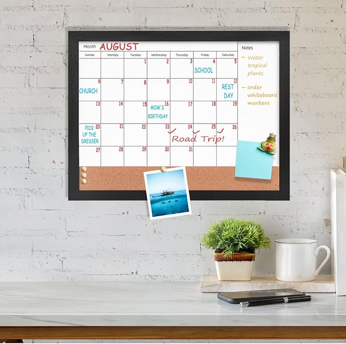 Monthly Calendar Dry Erase White Board & Cork Bulletin Board，13" x 17" Black Wood Frame，Magnetic Surface Whiteboard.Perfect for Organizing Your Space.Whiteboard+Cork-3343B-BK