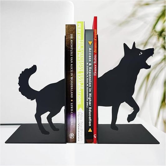 ENCIMART Dog Book Ends Decorative for Shelves, Black Metal Bookend Supports for Heavy Books, Book Stoppers for Home Office Desktop Organizer for Men and Book Lovers Gift