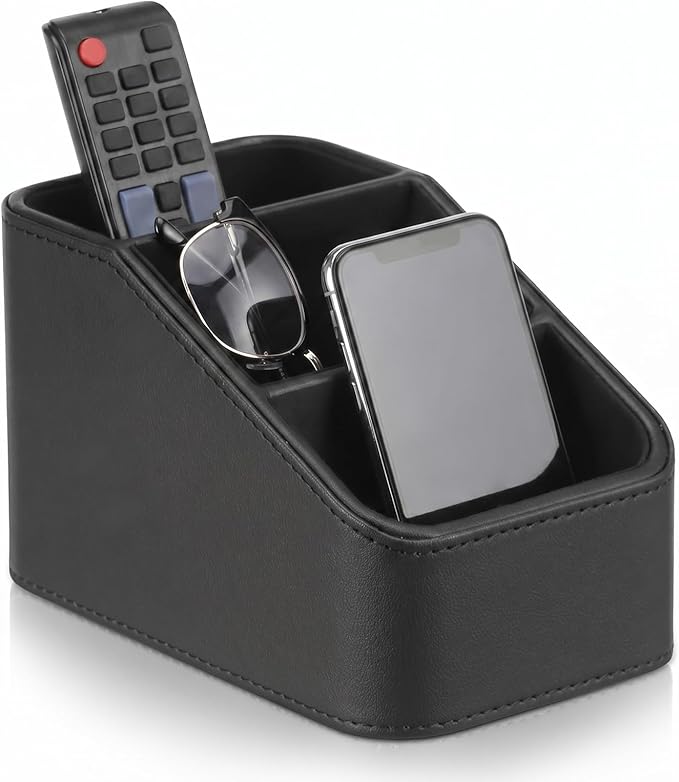 PU Remote Control Holder, Remote Caddy Box with 3 Compartments for Nightstand Bedside Table Couch Desk, Small Storage Organizer for Glasses,Pens,Cosmetics,Office Supply