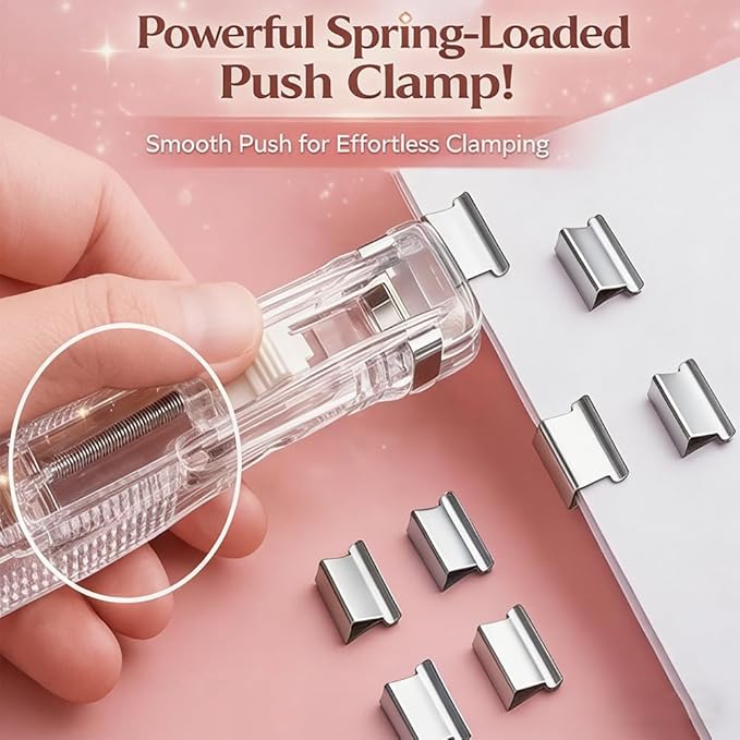 Portable Binder Clip Stapler with 100PCS Reusable Push Clips, Handheld Paper Clam Dispenser, Non-Destructive Desktop Stapler Alternative for Office School Home, Document Binding (2pcs-A)