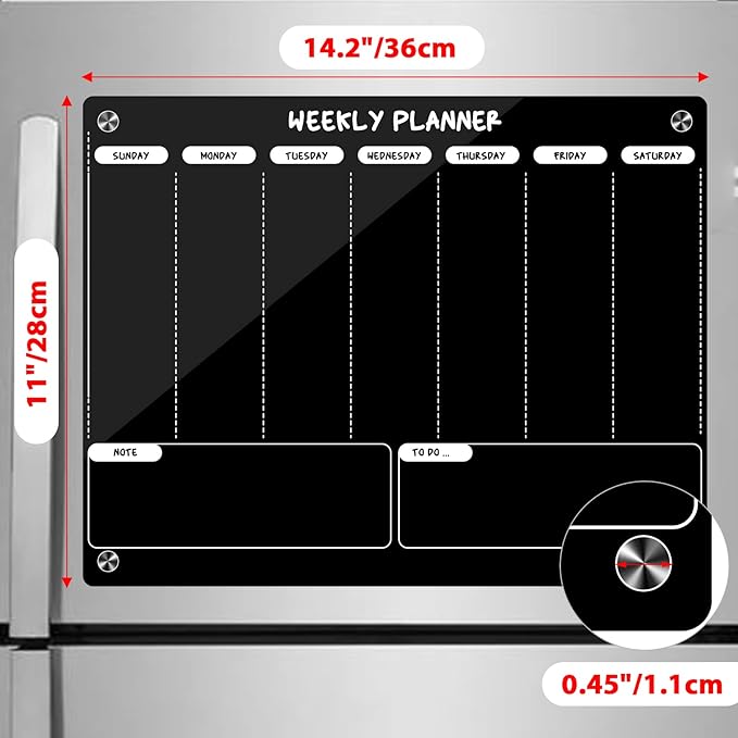 Kamehame Weekly Dry Erase Board for Refrigerator, Magnetic Weekly Calendar for Fridge, Black Acrylic Note Board, Planner Schedule Board, Double-Sided Use