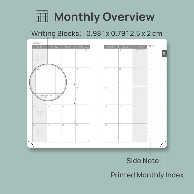 POPRUN 2026-2027 Pocket Planner (Size 4''x 6.25'') Weekly and Monthly Academic Calendar (JUL.26 - JUN.27) with Note Page and Monthly Tabs, Inner Pocket, Leather Soft Cover, 100 GSM - Brown