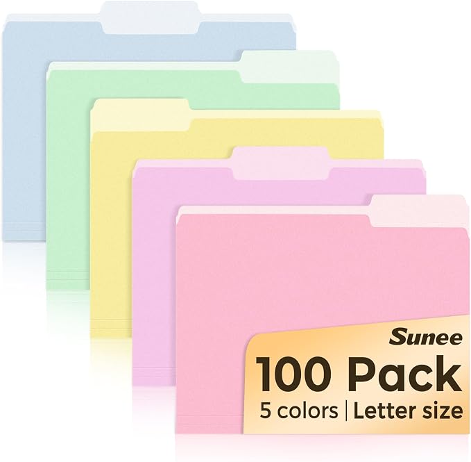 SUNEE File Folders, 100 Pack Manila File Folders 1/3 Cut Letter Size, Colored Folders,Office Organization,Folders for School,Files Paper Home and Classroom,5 Bright Color