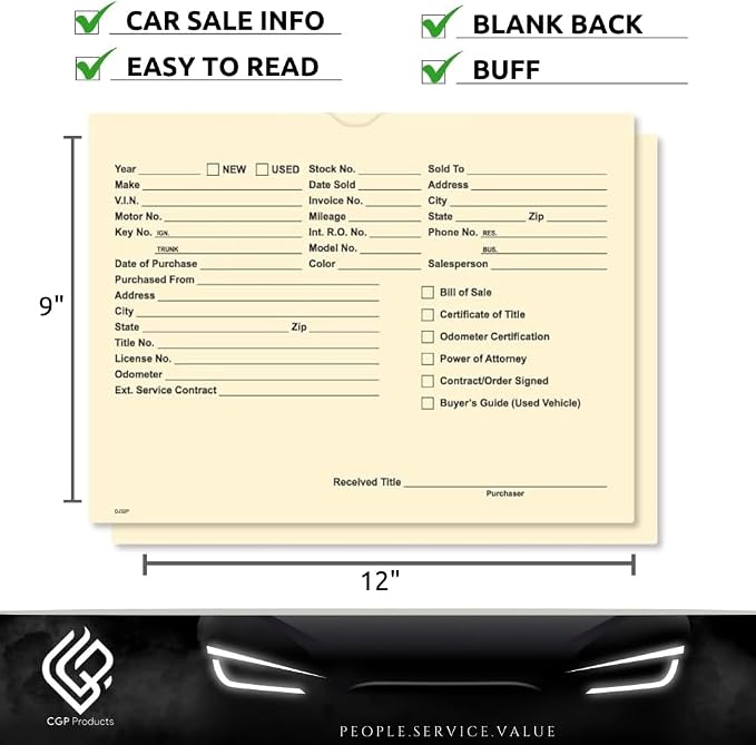 Printed Vehicle Deal Jackets Envelopes Folders for Auto Car Dealerships - 9x12 Size - Dealer Supplies - New and Used Cars - 100 Quantity (Buff)