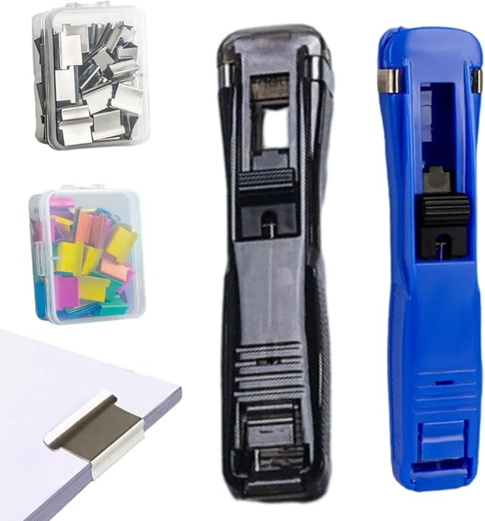 Portable Binder Clip Stapler, Includes 100 Reusable Clips, Mini Push Stapler Clamp Staplers for Desktop Document Home School Desk Office (Black+Dark Blue)
