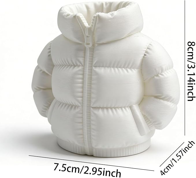 YOKUSHI Down Jacket Pen Holder, 3D Printed Funny Puffer Jacket Pencil Holder, Creative Desk Organizer for Office Supplies, Cute Unique Stationery Holder for Desk, Quirky Gift for Women Men (White)