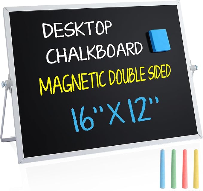 Small Magnetic Chalk Board Easel 16"X12", Double-Sided Tabletop & Wall Hanging Chalkboard with 4 Chalks & Eraser, Desktop Mini Black Board Sign for Office Desk Home Menu and School
