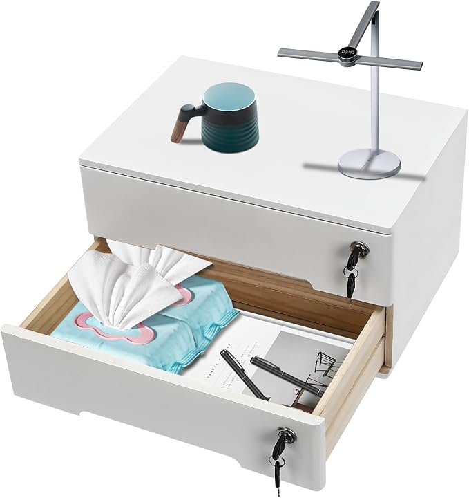 Wooden Desktop Storage Box, 2-Tier Countertop Desk Accessories Box with Lockable Drawers, Office Supplies File Organizer, Flat File Cabinet for Office, Study, Dresser, Kitchen (White)