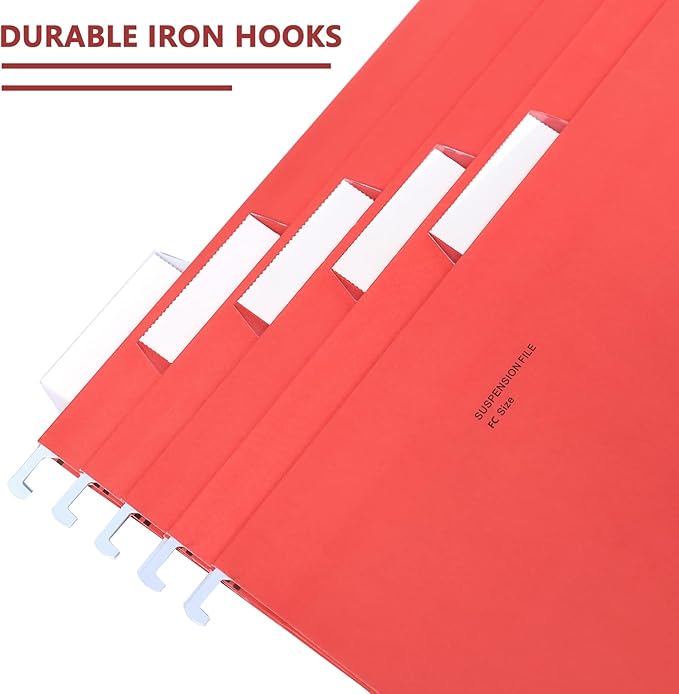 Hanging File Folder, A4 Suspension Files Holder, Hang Folder, Filing Cabinet Suspension File with Tab and Label for School Home Office, Red, 25 Pack