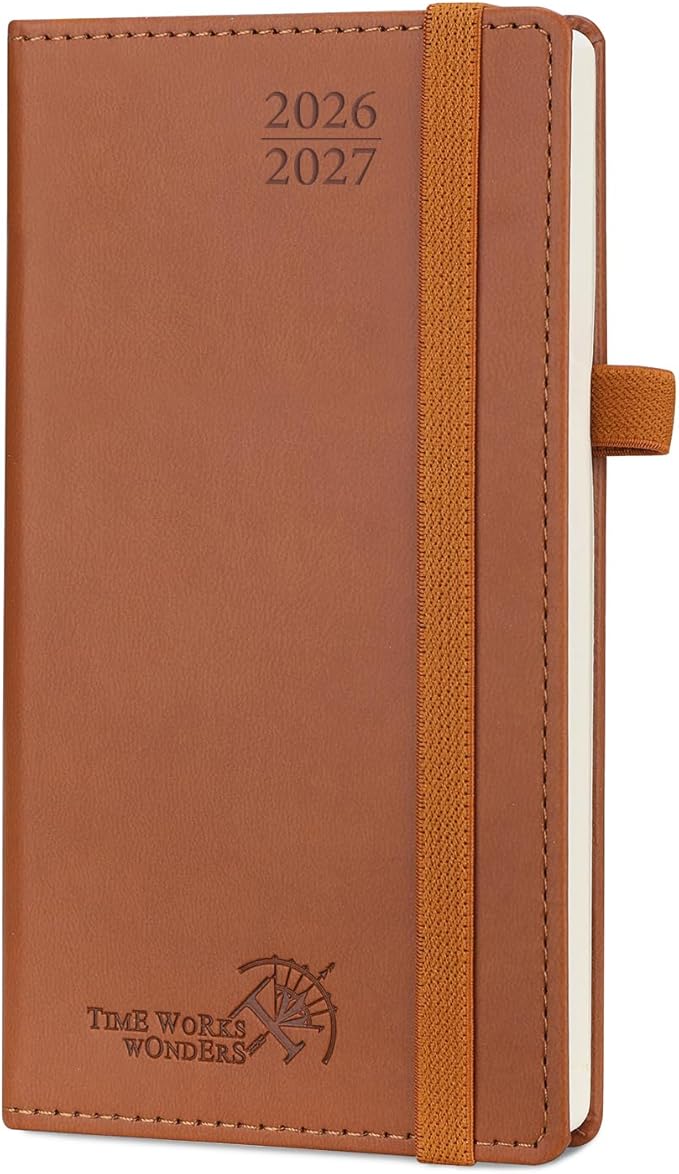 POPRUN Pocket Planner 2026-2027, Slim Size-3.5" x 6.5", 17 Month (Aug 2026 - Dec 2027) Academic Pocket Calendar for Purse, Small Weekly Appointment Book with Vegan Leather Hardcover - Brown