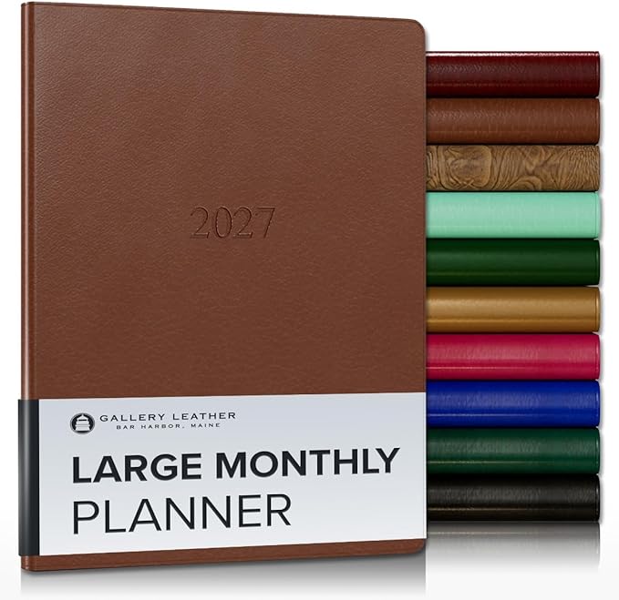 Gallery Leather Large Monthly Planner 2027, Elegantly Bound Calendar Planner and Notebook with Stylish Gold-Gilded Page Edges, 18 Months - Monhegan Saddle - 9.75x7.5"