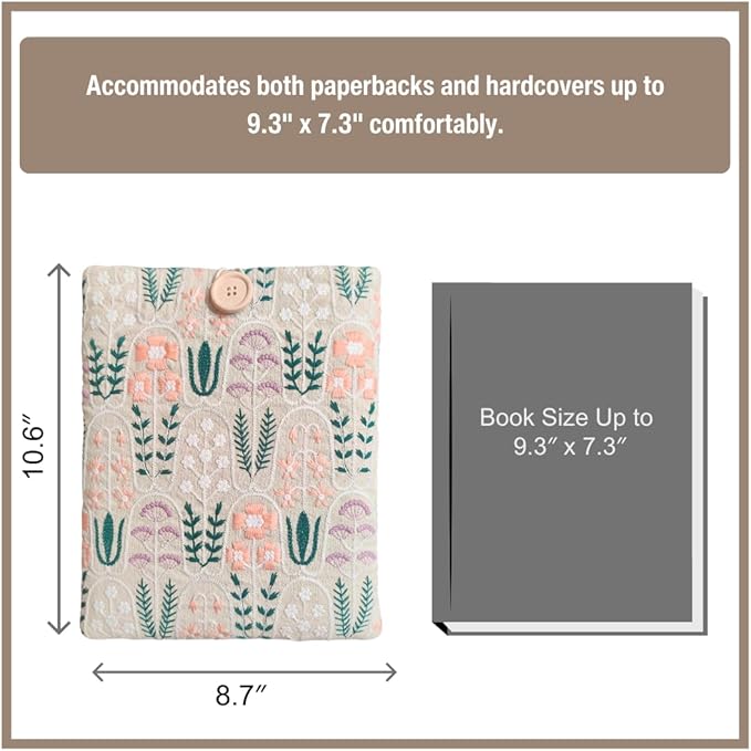 Floral Embroidered Canvas Book Sleeve - Elegant Book Cover, Padded Protector for Paperbacks & Hardcovers, Ideal for Book Lovers, Wooden Button (Garden)