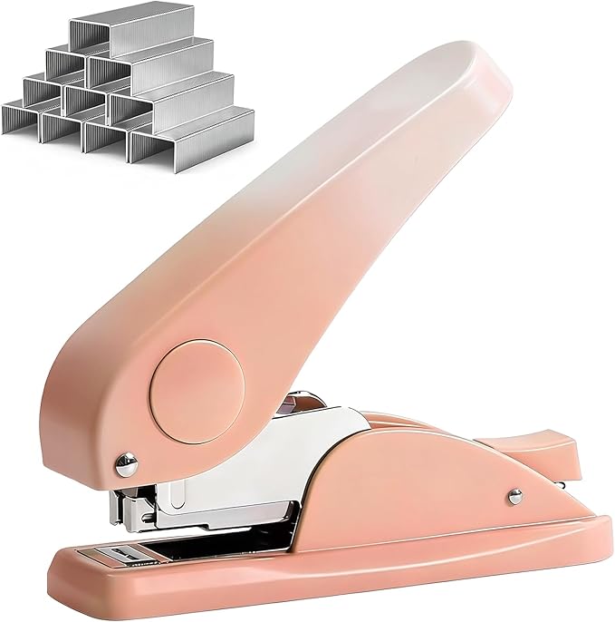 Effort-Saving Office Desk Stapler with 1000 Standard 1/4" Staples, Heavy Duty Durable Standard Smooth Jam-Free Stapling, Perfect for Home, School, Office, Business, Paperwork - Pink