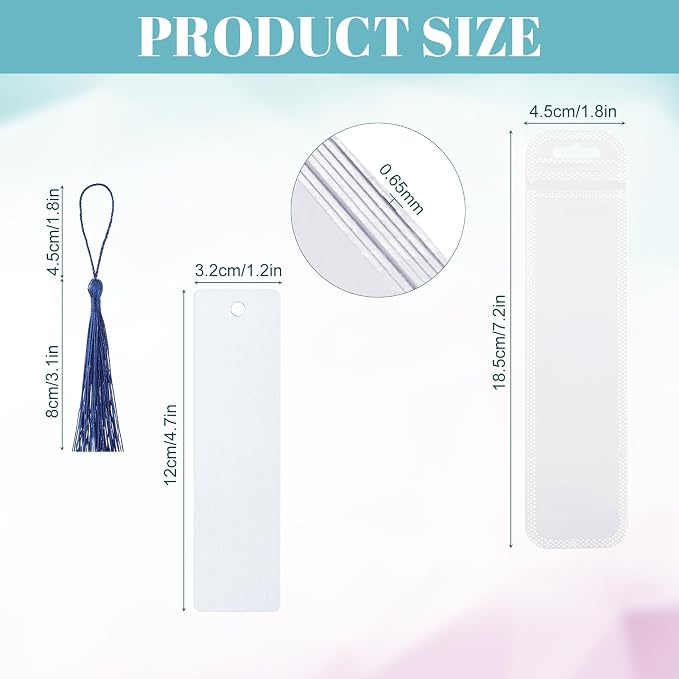 50 Sets Sublimation Blank Bookmarks, DIY Blank Aluminum Metal Bookmarks with Clear Bookmark Sleeves Tassels and Self-Sealing Bags for Crafts Birthday Reading Back to School Supplies