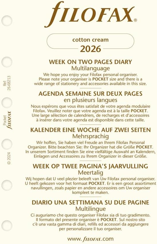 Filofax Calendar Diary Refill, Pocket Size, Week-to-View, Cotton Cream Paper, Unruled, Multilingual: Five Languages, 2026 (C68213-26)