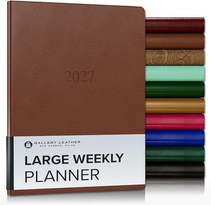 Gallery Leather Large Weekly Monthly Planner 2027, Elegantly Bound Calendar Planner and Notebook with Stylish Gold-Gilded Page Edges, 12 Months - Monhegan Saddle - 9.75x7.5"