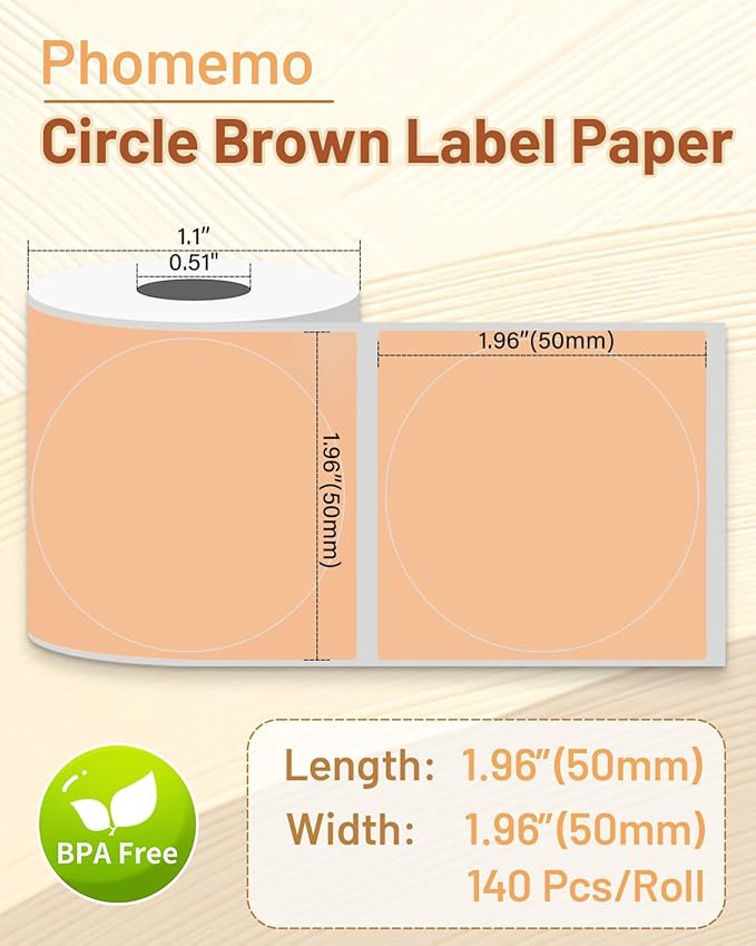 Phomemo Labels-Brown Sticker Circle Thermal Label for Jam and Jelly Jar Tags, and More (1.96" x 1.96" Round, 140 Labels/Roll) Compatible with M110/M220/M221/M110/M100/M250, Black on Brown, 50 x 50mm