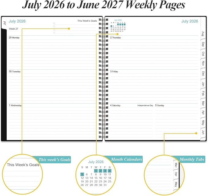 2026-2027 Planner - 8.5" x 11" Weekly Monthly Planner from July 2026 to June 2027 with 12 Monthly Tabs, Inner Pocket, Elastic Closure, Black
