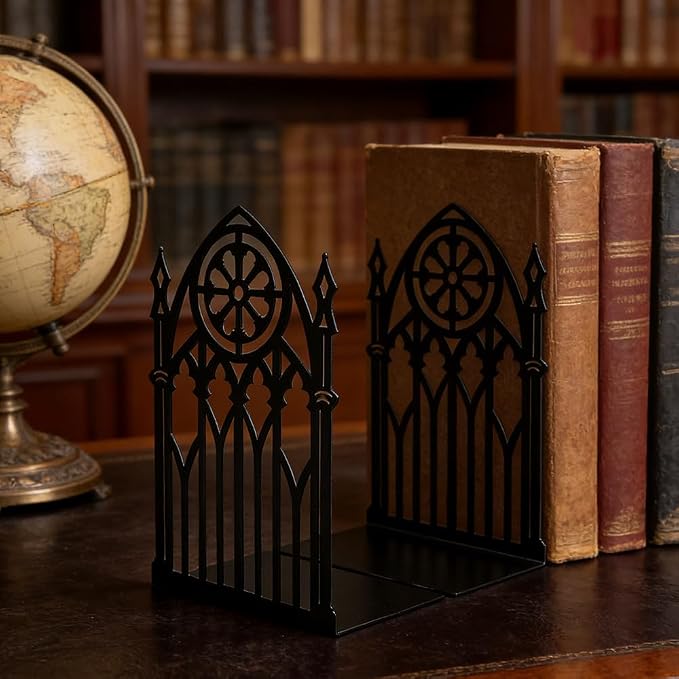 Book Ends, Bookends, Book Ends for Shelves, 3 Pair Non Skid Metal Book Divider Decorative Holder, Abstract Art Desgin Book Stopper Supports for Office, Home (3 Pairs Gothic Bookends)