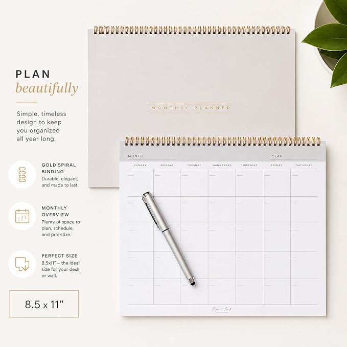 Paper 'n Such- Blank Calendar, Undated Monthly Planner, Simple Desk Agenda -DIY Custom Scrapbook for Photos -15 Sheets, Spiral Bound, Large 8.5x11", Customizable for Home, Office, or School