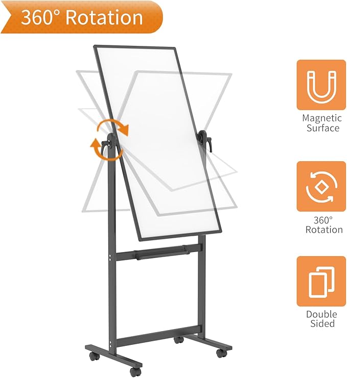 VIZ-PRO Double-Sided Magnetic Mobile Whiteboard, 48 x 24 Inches, Black Aluminium Frame and Stand