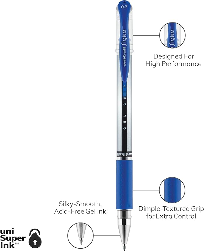uniball Gel Grip Gel Pens, Medium Point (0.7mm), Blue, 12 Pack