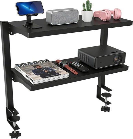 Clamp On Desk Shelf 2 Tier Office Desk Shelves Organizer, Adjustable Above or Under Desk Storage Shelves, Tabletop Book Storage Rack Heavy Duty Desktop Organizer for Working and Gaming Accessories