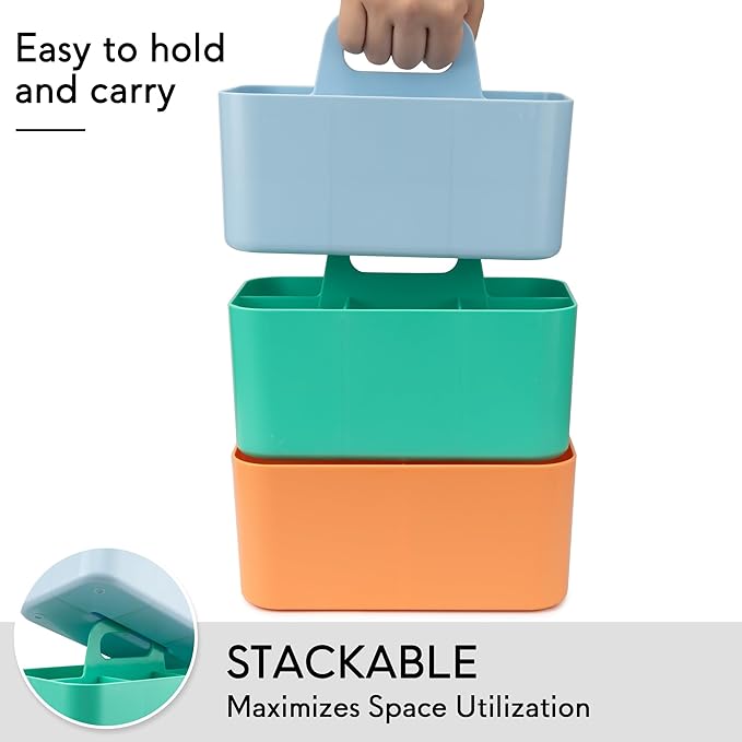 Tiawudi 2 Pack Plastic Caddy with Handle, Stackable Storage Organization for Cleaning, Bath, Makeup, Art, Craft, Stationery, Classroom and Office, Portable Tote Organizer