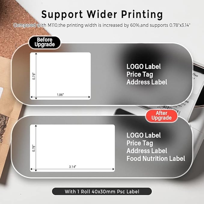Phomemo M220 Label Maker, Bluetooth Thermal Label Printer, Barcode, Name, Address, Labeling, Mailing, Small Business and More with 1 Roll 40 x 30mm and 1 Rolls 70 x 80mm Label Tapes