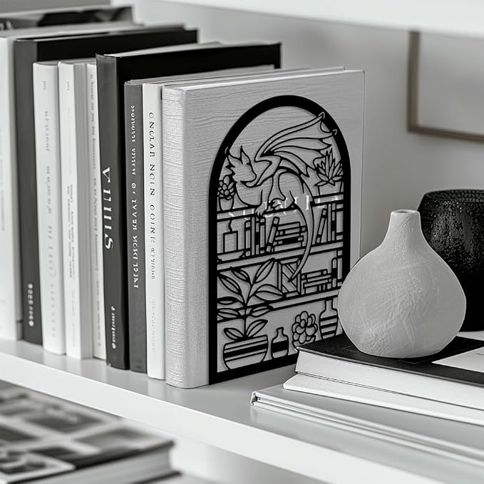 Peacoblue Metal Bookends for Shelves, Modern Decorative Heavy Duty Study Book Support Stoppers for Office, Desk, Shelf, Room 5.3"x4.3"x7.9" Cast Iron Bookends, 1 Pair (Cartoon Dragon and Bookcase)