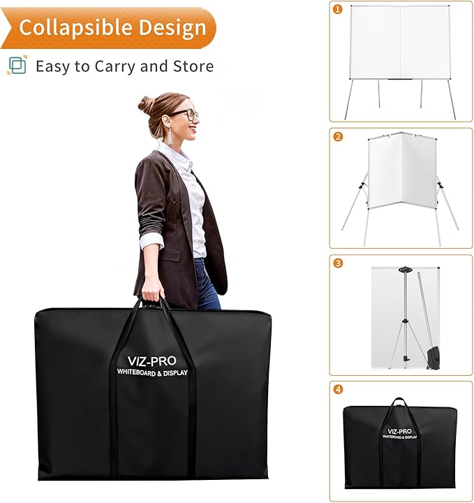 VIZ-PRO Magnetic Whiteboard Easel, 48 x 36 Inches, Portable Foldable Dry Erase Board Height Adjustable for School Office Home