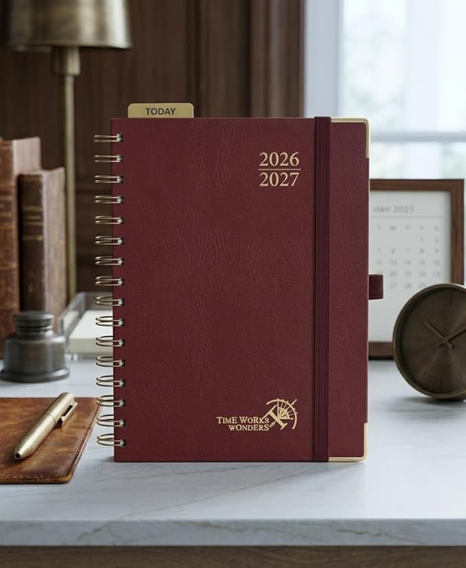 POPRUN 2026-2027 Academic Year Weekly and Monthly Planner Calendar,Jul 2026 - Jun 2027，6.25" x 8.5",Daily Agenda Book & Appointment Book with Hourly Schedule, Tabs, Hardcover, School and Office Supplies - Burgundy