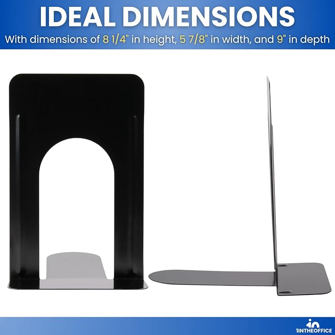 1InTheOffice Bookends for Shelves, Metal Bookends, 8 1/4" x 5 7/8" x 9", Non-Slip, Black, 2 Pack
